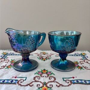 Vintage “Harvest Blue” Carnival Glass Sugar Bowl & Cream Pitcher Set